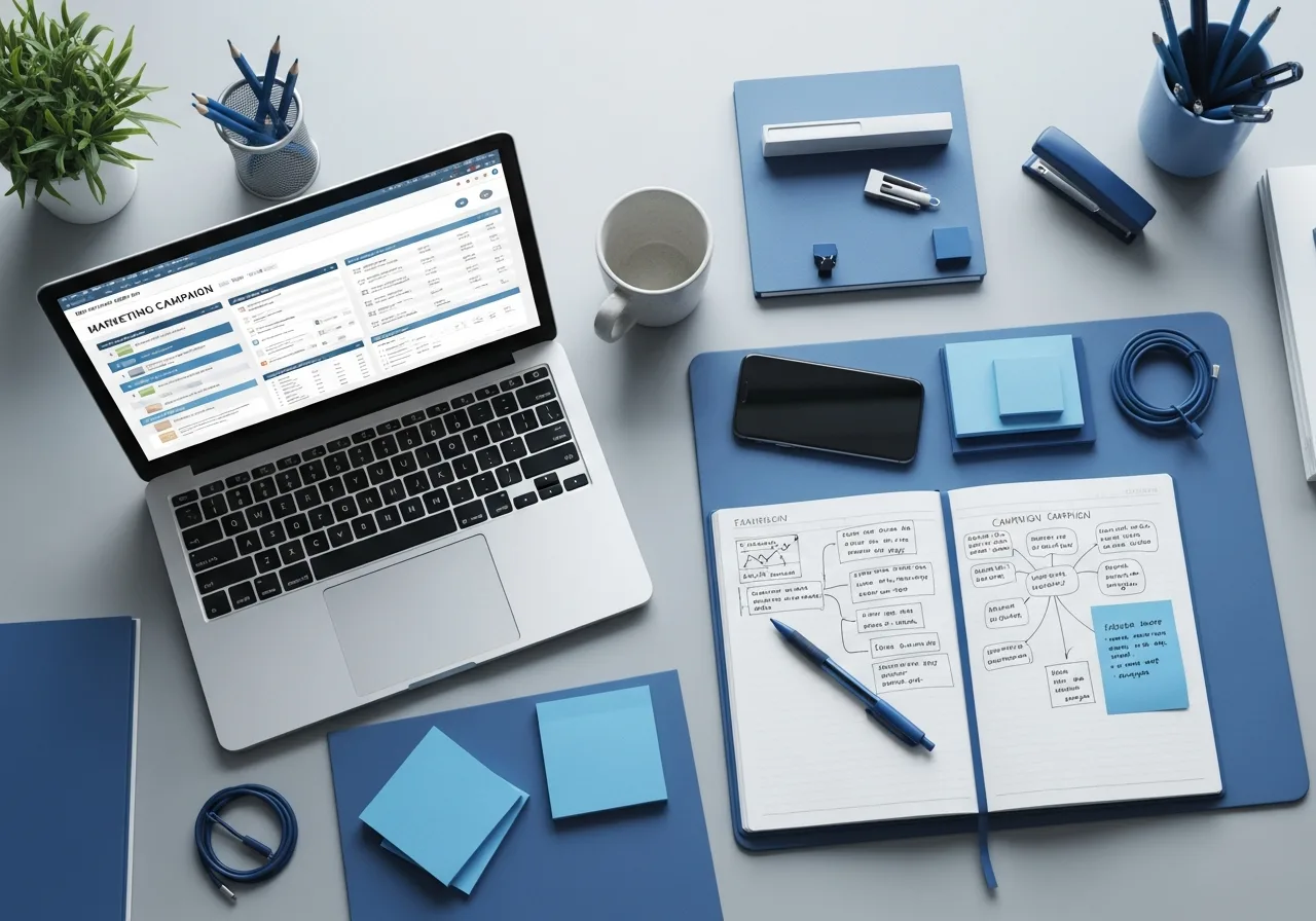 A campaign-planning desk with notes, laptop and phone laid out